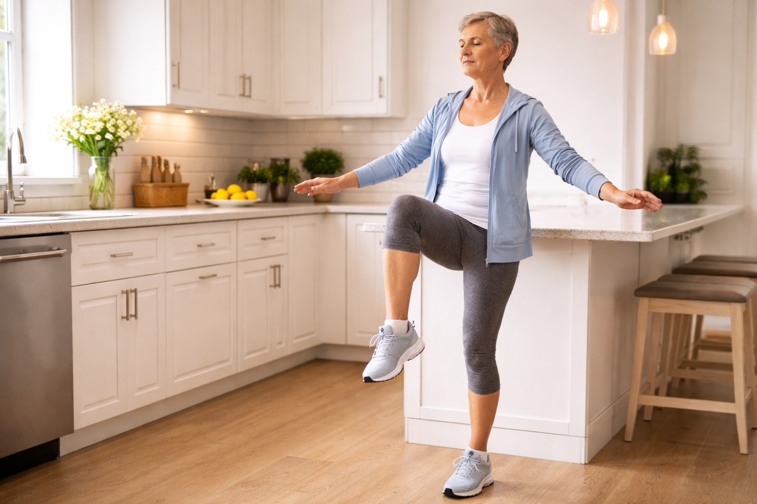 Close-up of an older persons bare foot and ankle rotating in a gentle circle shown mid-motion on a soft white background