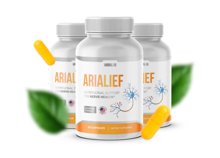 Arialief supplement bottle — nerve support formula with alpha lipoic acid, methylcobalamin B12 and benfotiamine
