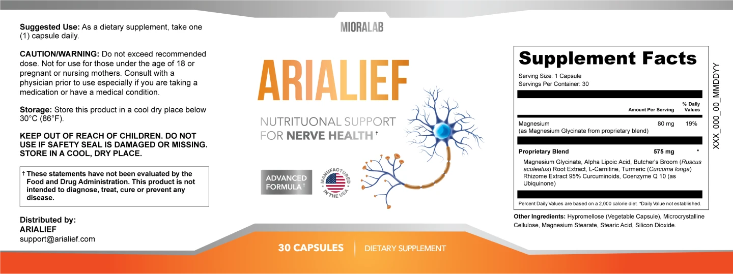 Arialief supplement label showing ingredients list for nerve health