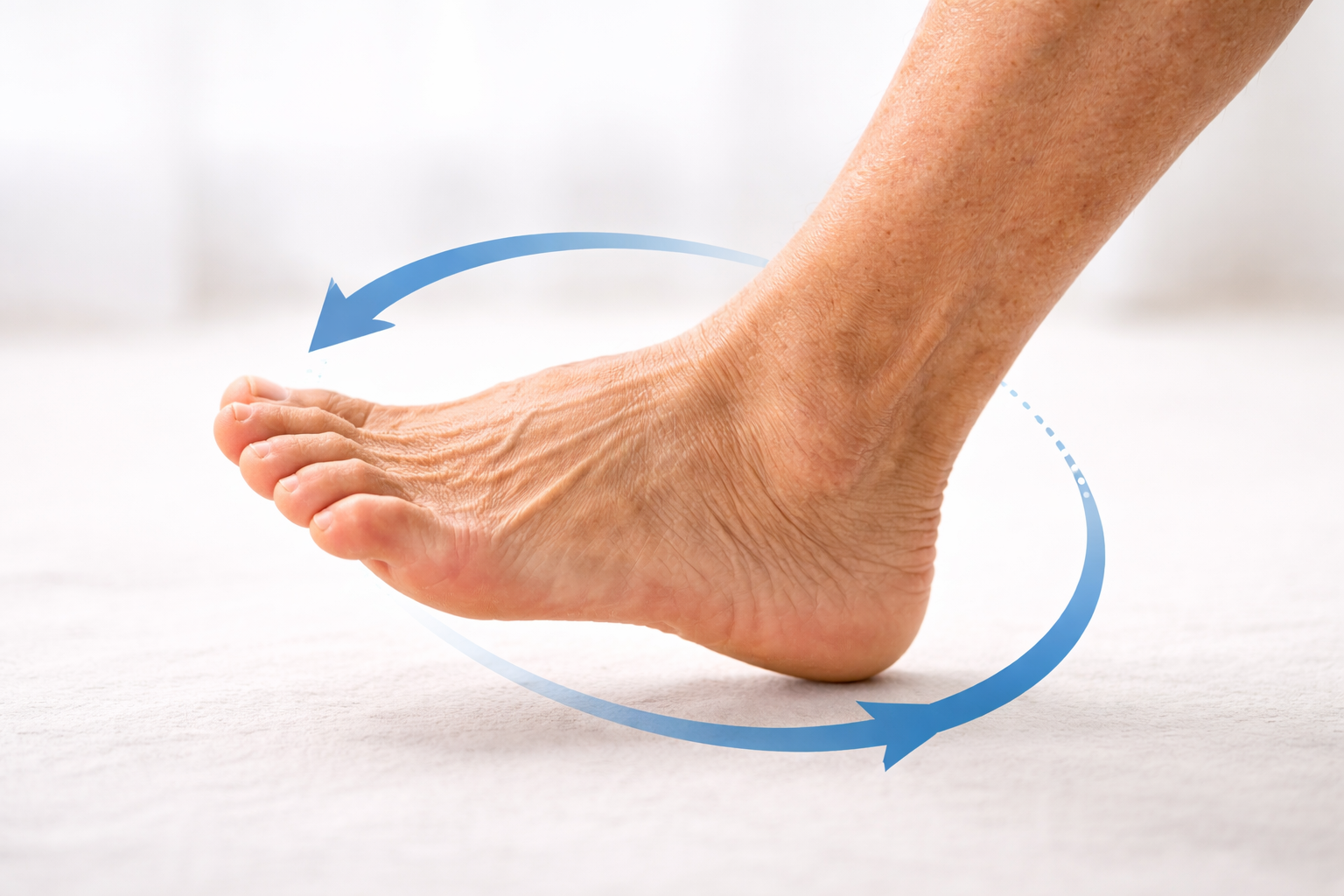 Older woman in her 60s doing a one-leg balance exercise near a kitchen counter with eyes closed and arms slightly extended