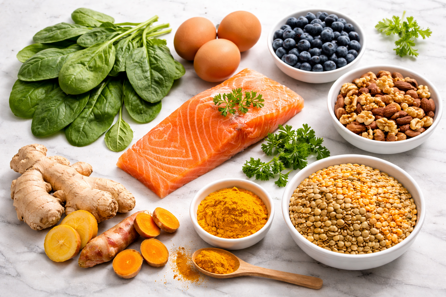 Flat-lay of the 8 best foods for neuropathy including salmon, spinach, eggs, blueberries, nuts, oats, lentils and turmeric on a white marble surface with natural light