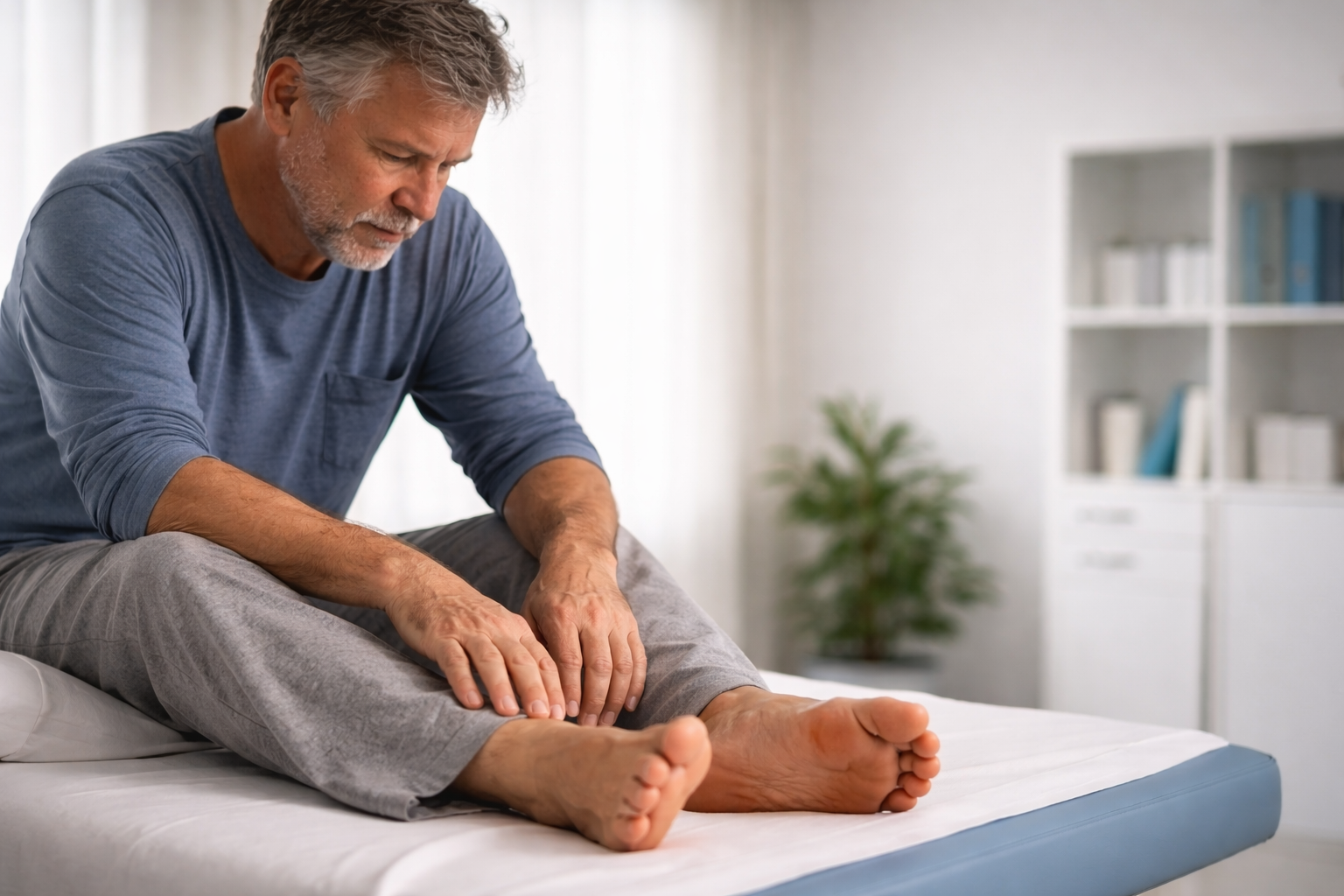Older woman doing a blood glucose finger-prick test at home in a kitchen with warm morning light