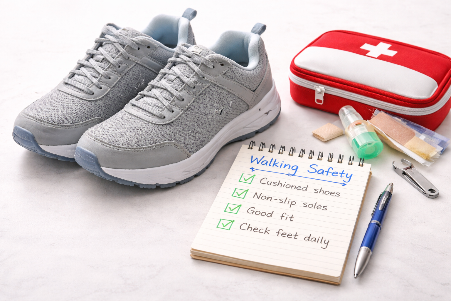 A pair of diabetic walking shoes on a white surface next to a checklist notepad and small first-aid kit conveying safety awareness