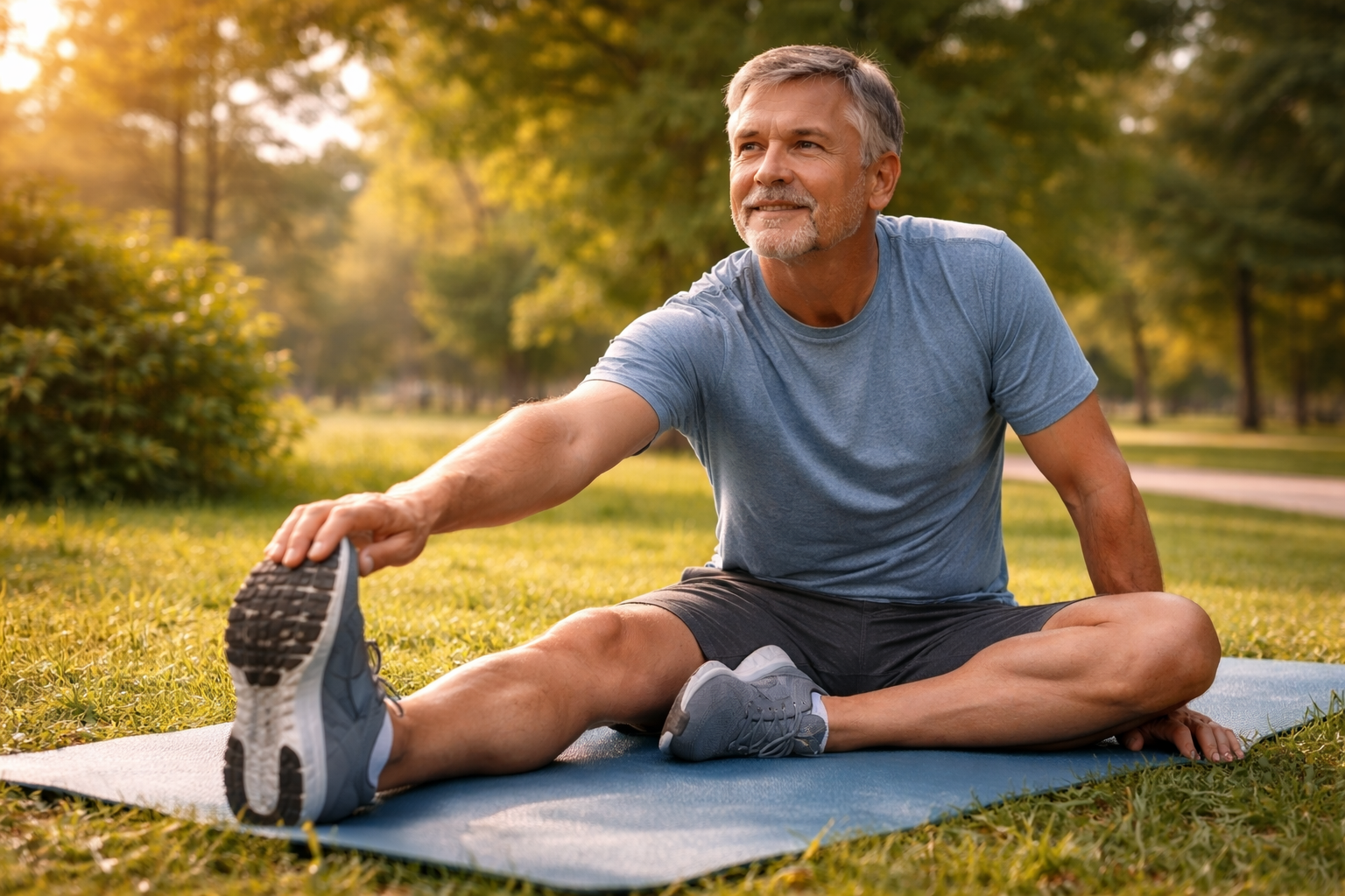 Older couple in their 60s walking together on a flat paved path through a park both smiling wearing athletic shoes in warm afternoon light