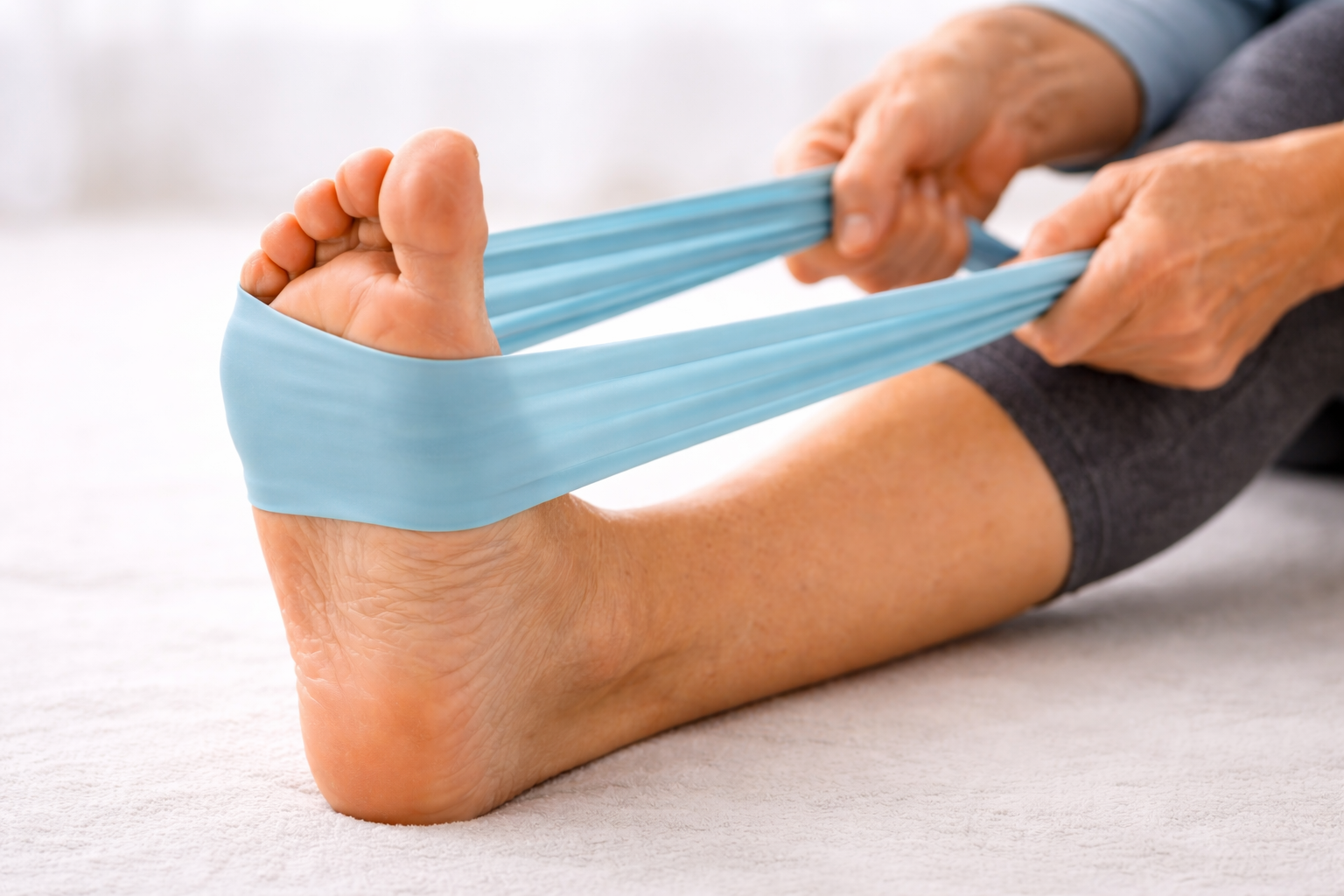 Older man in his early 60s doing a seated leg raise exercise on a sturdy chair in a bright living room with natural daylight