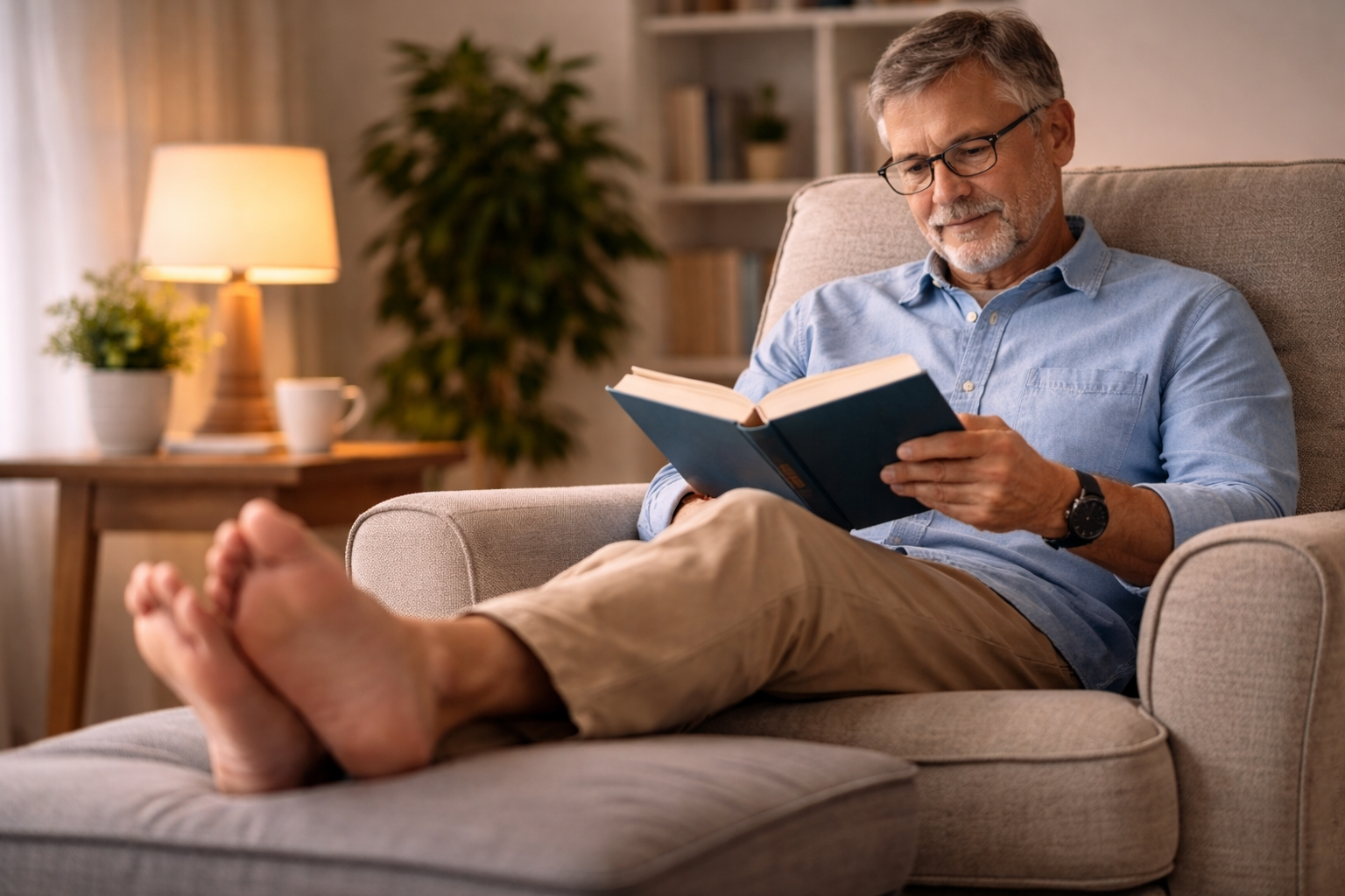 Older woman in her late 50s sitting in bed at night looking thoughtful holding her feet with soft lamp light