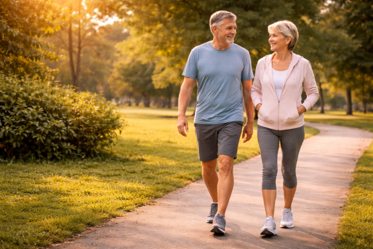 Older man in his mid 50s doing light stretching exercises on a yoga mat outdoors surrounded by greenery with morning light