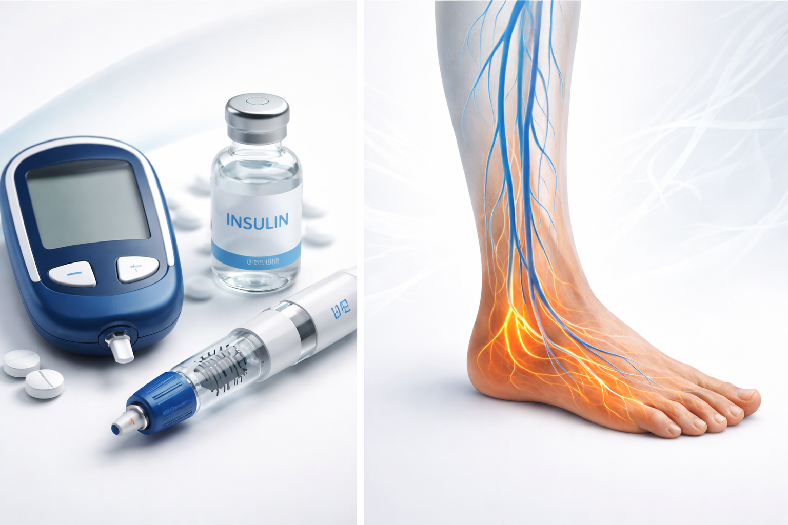 Close-up of two bare feet with a soft orange-red thermal overlay on the toes suggesting nerve irritation and burning sensation