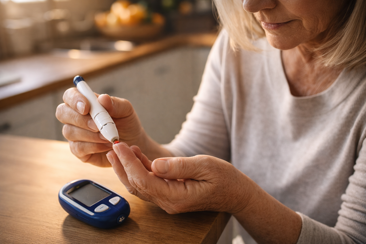 Older man in his 60s sitting on a medical exam table looking down at his bare feet with a concerned expression