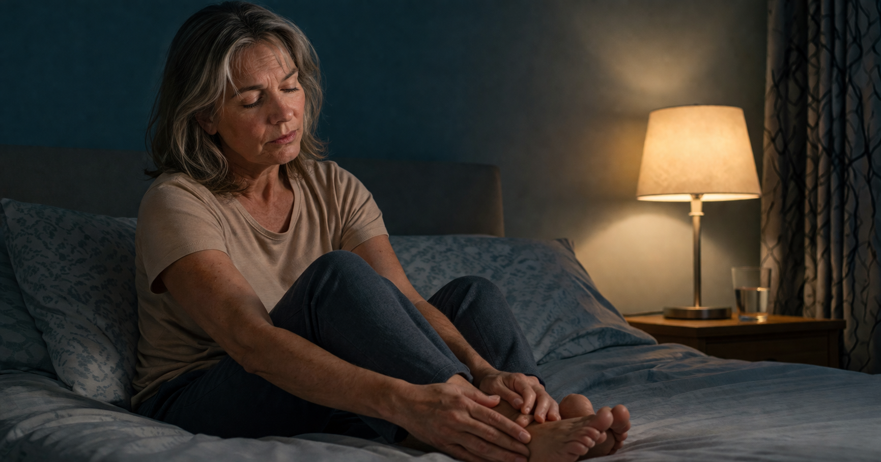 Older man in his 60s sitting comfortably in an armchair with feet on a footrest reading a book with warm home lighting and a calm relieved expression