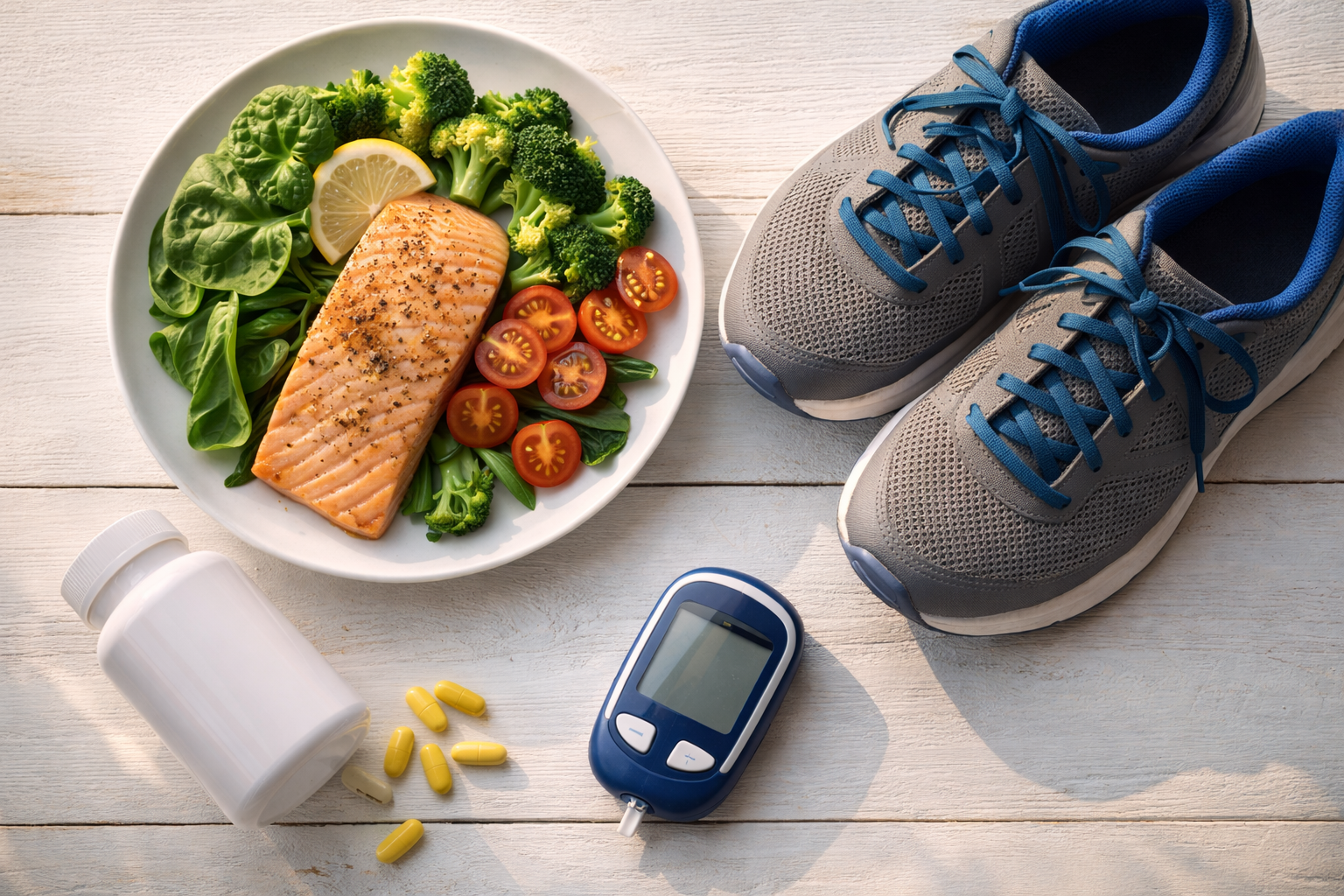 Flat-lay overhead shot of healthy lifestyle items including salmon, vegetables, walking shoes, supplement bottle and glucose meter on a white wooden surface