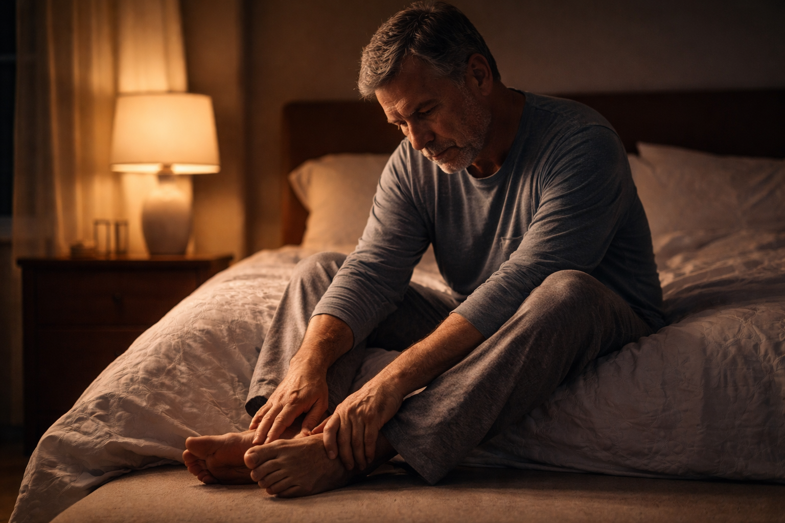 Older man walking comfortably on wooden floor — neuropathy recovery and natural relief