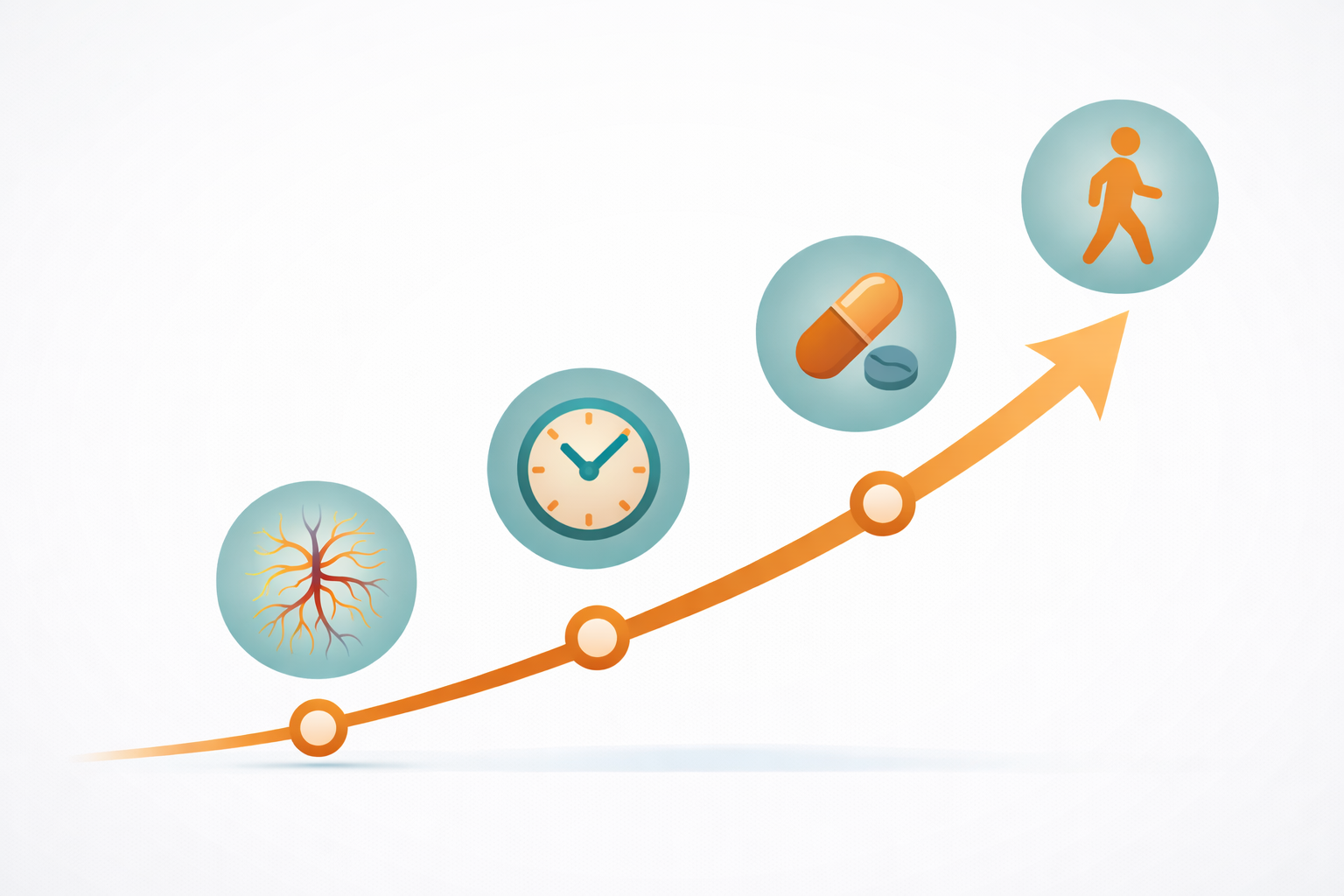 Clean modern infographic-style illustration showing an upward timeline with icons of a nerve, clock, pill, and walking figure in warm teal and orange