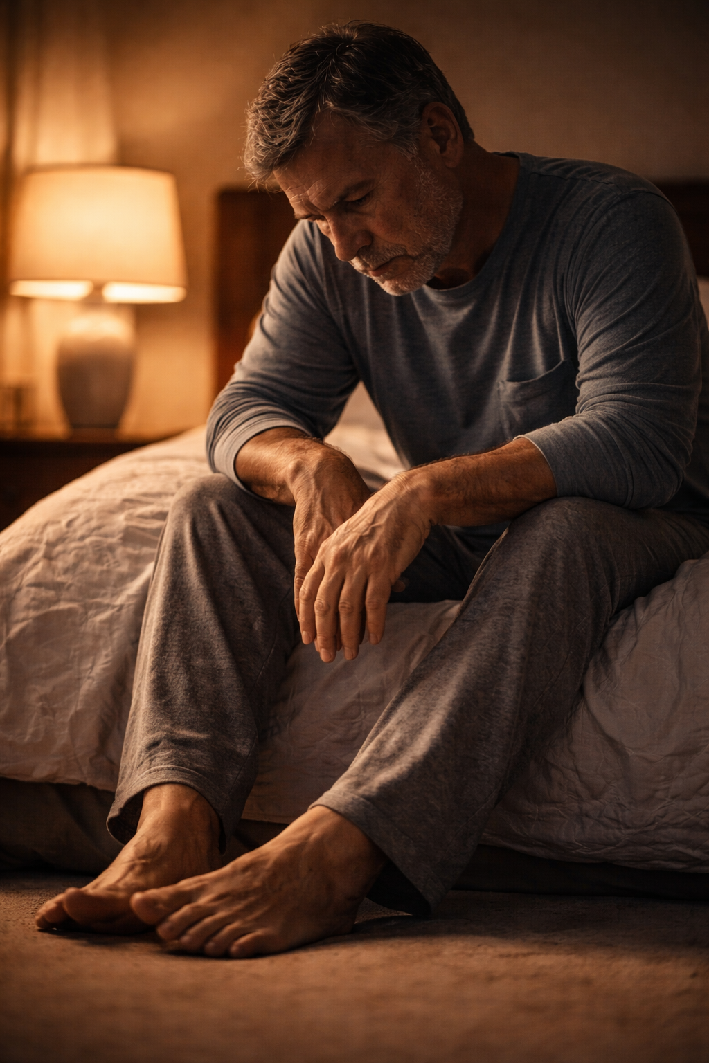 Older man sitting on bed at night worried about neuropathy symptoms in his feet