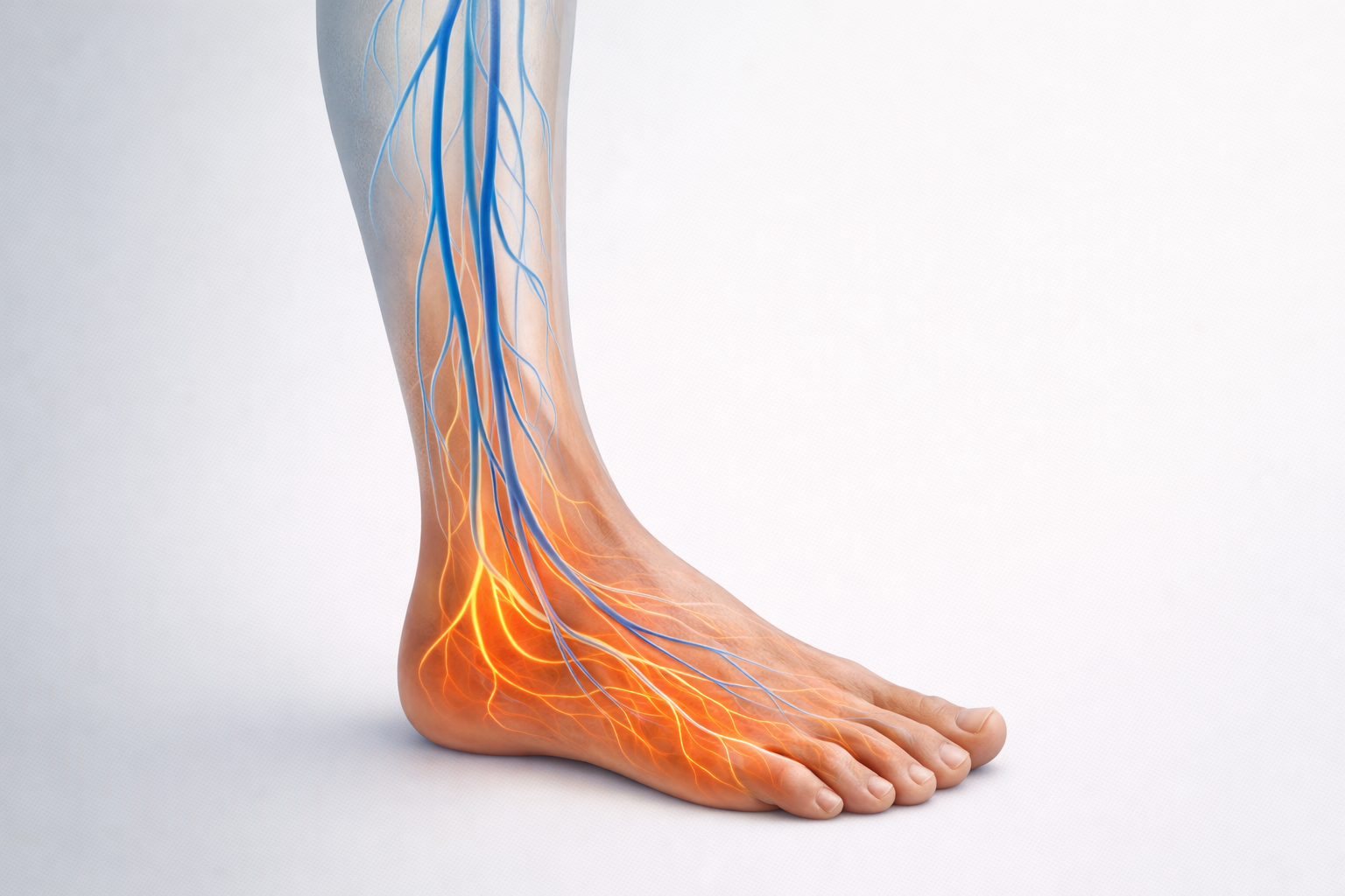 Medical illustration of the lower leg and foot showing peripheral nerve pathways in blue and orange