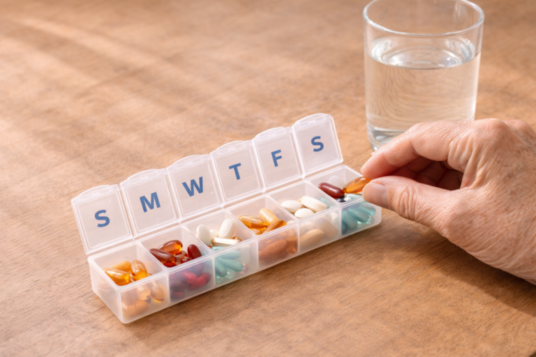 Older man sitting on a bed at night holding his foot with an expression of discomfort representing peripheral neuropathy nerve pain