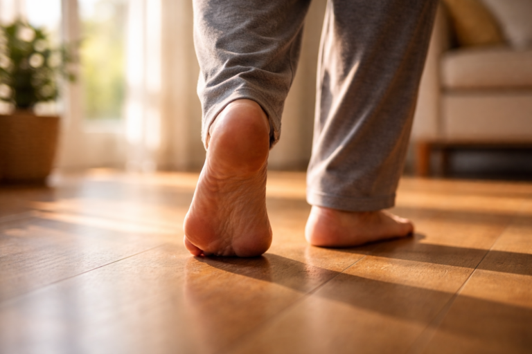 Man sitting in bedroom at night looking at his feet with neuropathy pain