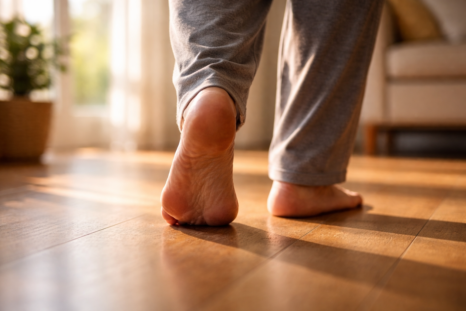 Man sitting in bedroom at night looking at his feet with neuropathy pain — peripheral neuropathy guide