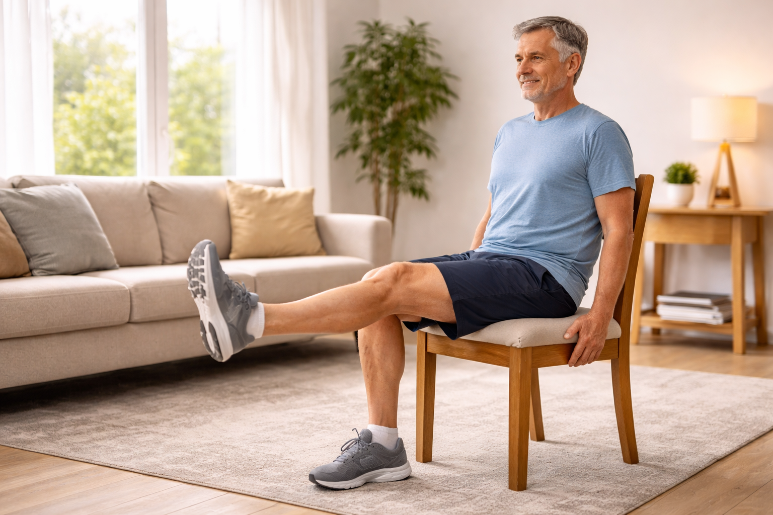 Close-up of hands holding a blue resistance band looped around a bare foot showing a gentle dorsiflexion exercise while seated